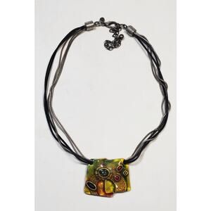 Chico's Enamel Pendant Multistrand Leather Silver Tone Snake Chain Necklace